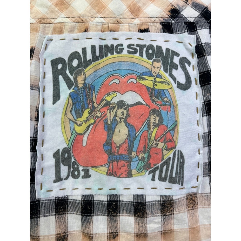 Rolling Stones 1981 Tour Upcycled Bleached Plaid Flannel‎ Shirt Petite  PXS